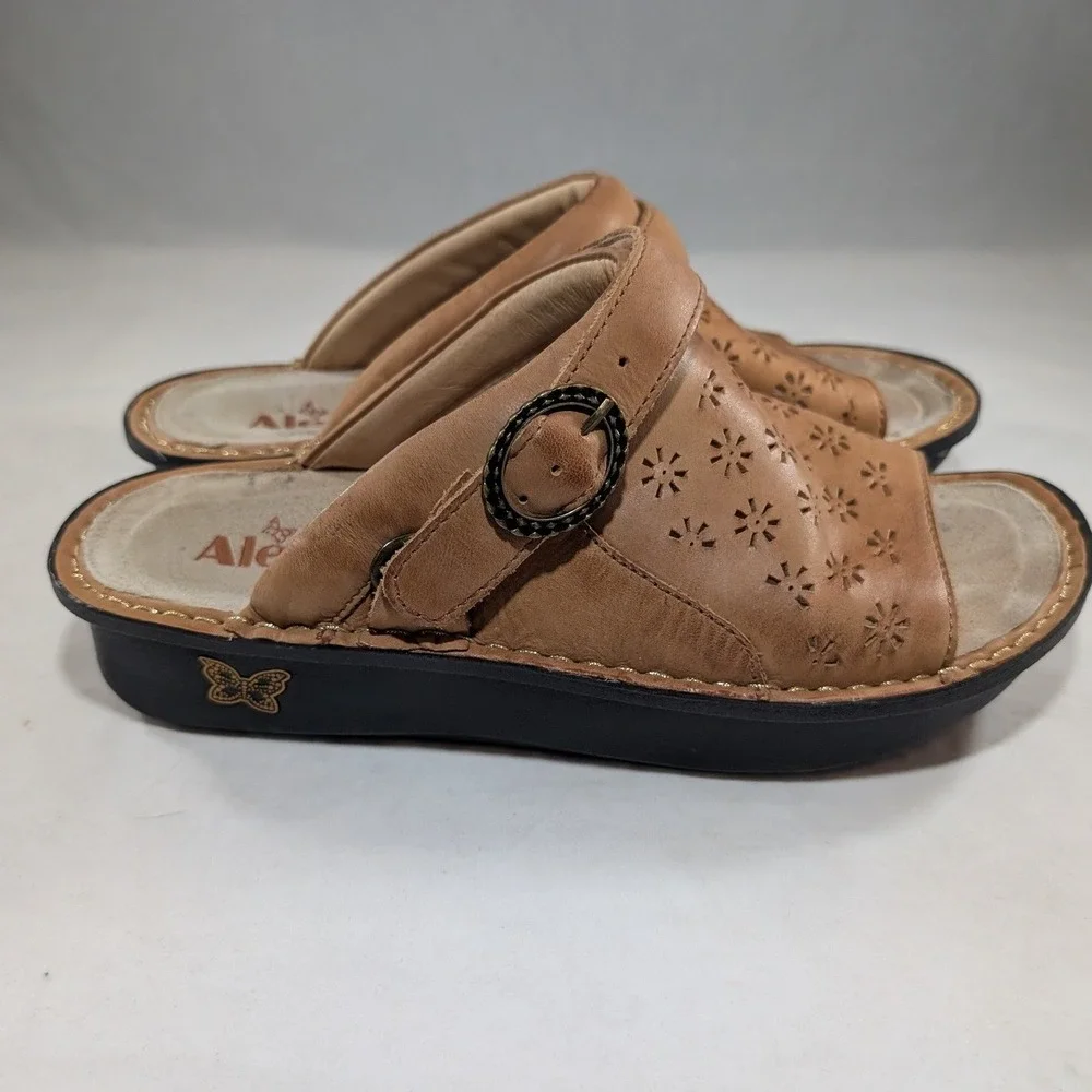 Alegria Kleo Tan Leather Floral Laser Cut Slide Sandals KLO-647 EU 39